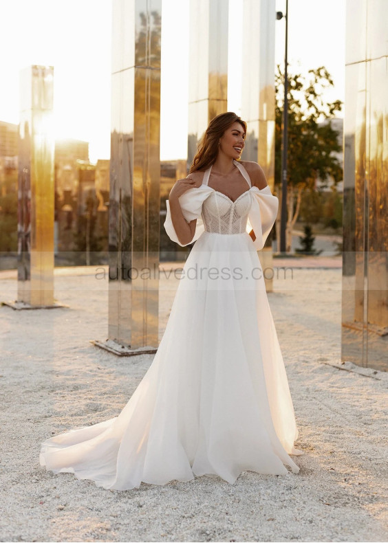 Halter Neck Beaded Ivory Lace Organza Sexy Wedding Dress